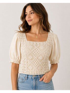 Broadway 38 Crochet Cream Puff Sleeve Top Size Large Boho Coquette Cottagecore